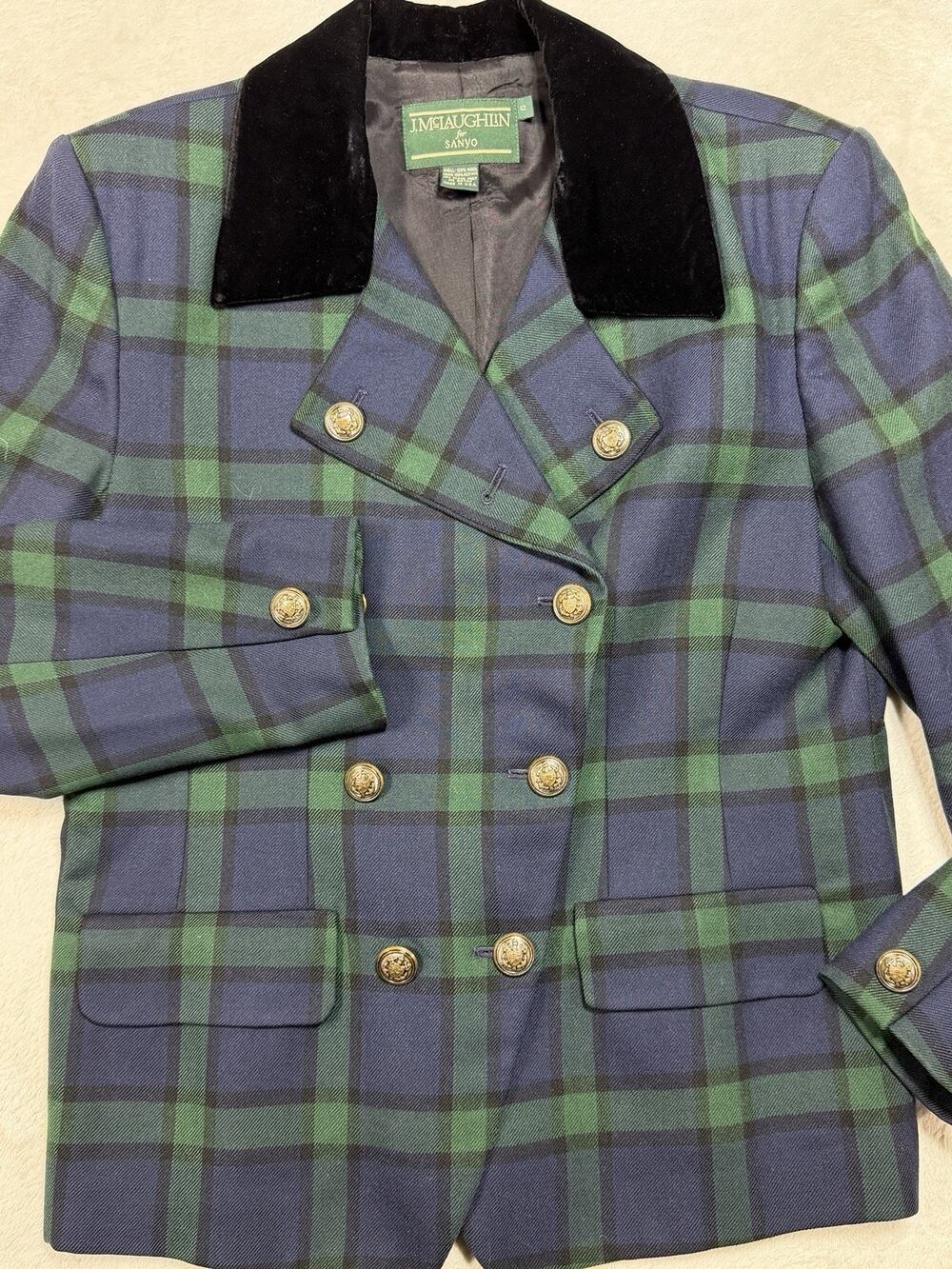 Vtg J McLaughlin Wool Black Watch Plaid Blazer Velvet Collar Dark Academia 12 M